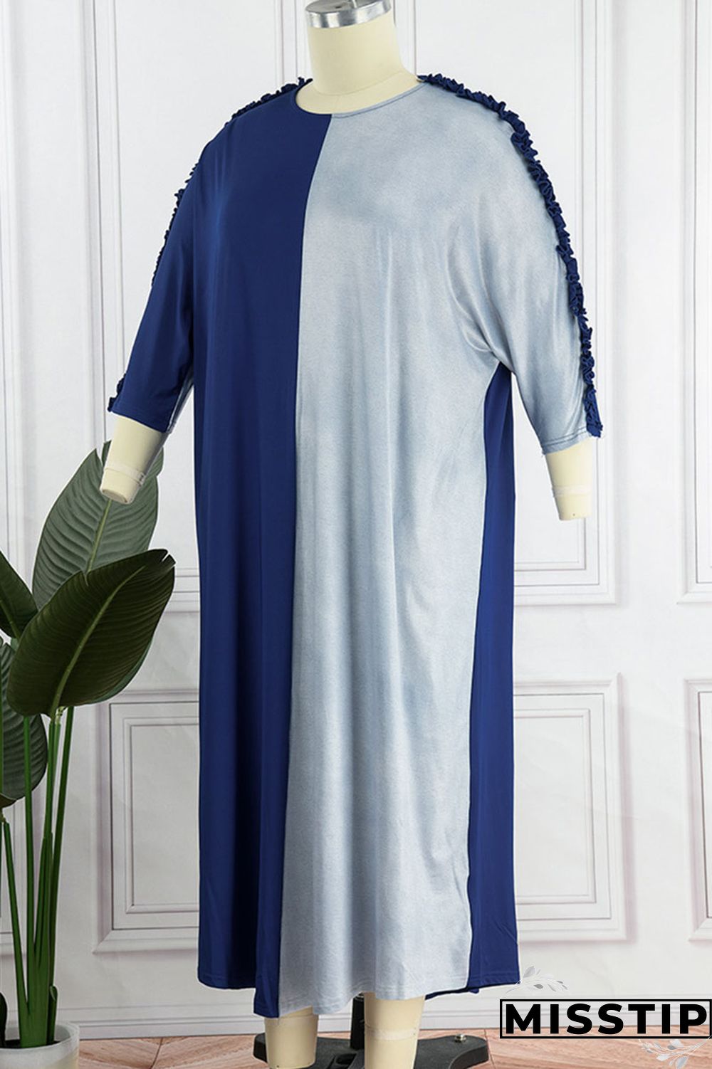 Black Gray Casual Solid Patchwork Stringy Selvedge O Neck Straight Plus Size Dresses