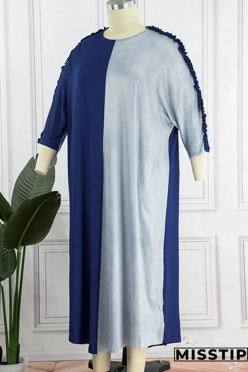 Black Gray Casual Solid Patchwork Stringy Selvedge O Neck Straight Plus Size Dresses