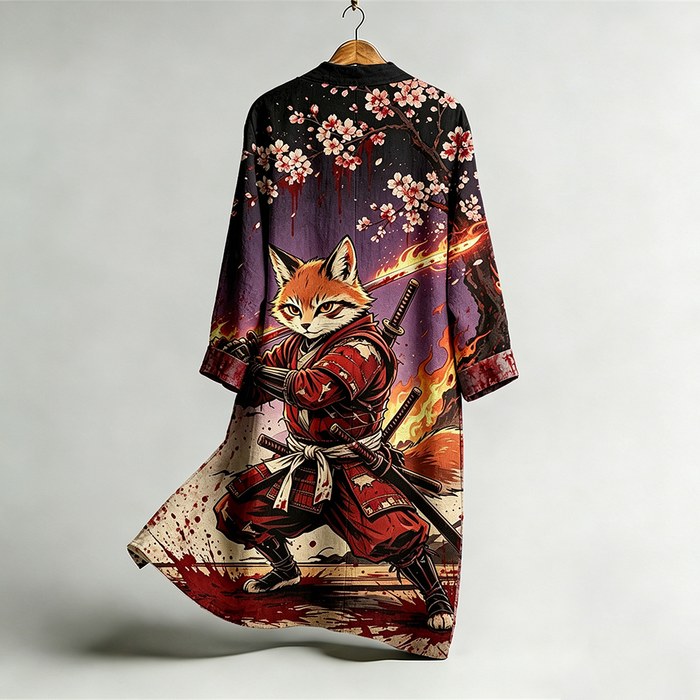 Men's Bloody Samurai Fox & Cherry Blossom Linen Long Kimono elevenforest