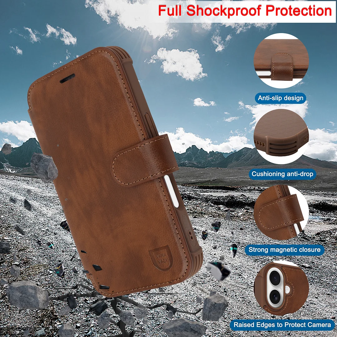 VANAVAGY Compatible for iPhone 16 Wallet Case for Magsafe Wireless Charging,Leather Flip Folio Wrist [Glass Screen Protectors & Camera Lens Protectors] with RFID Block Card Holder