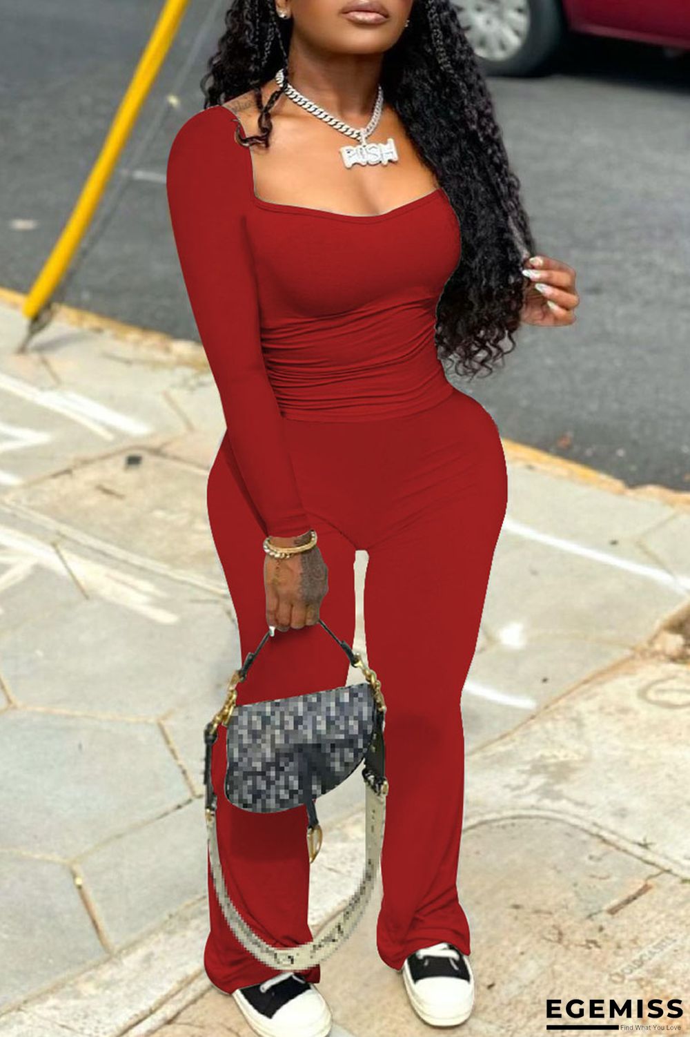 Red Casual Solid Patchwork Square Collar Long Sleeve Two Pieces | EGEMISS