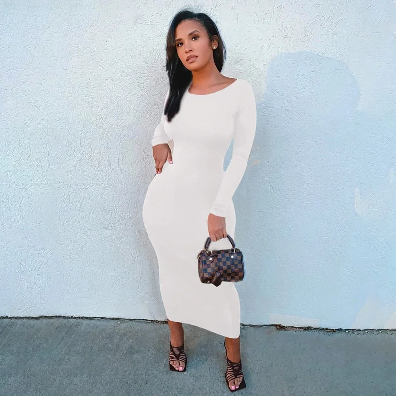 Dulzura Solid Women Long Sleeve Midi Dress Backless Bodycon Sexy Streetwear Party Club Elegant 2020 Autumn Winter Slim Basic
