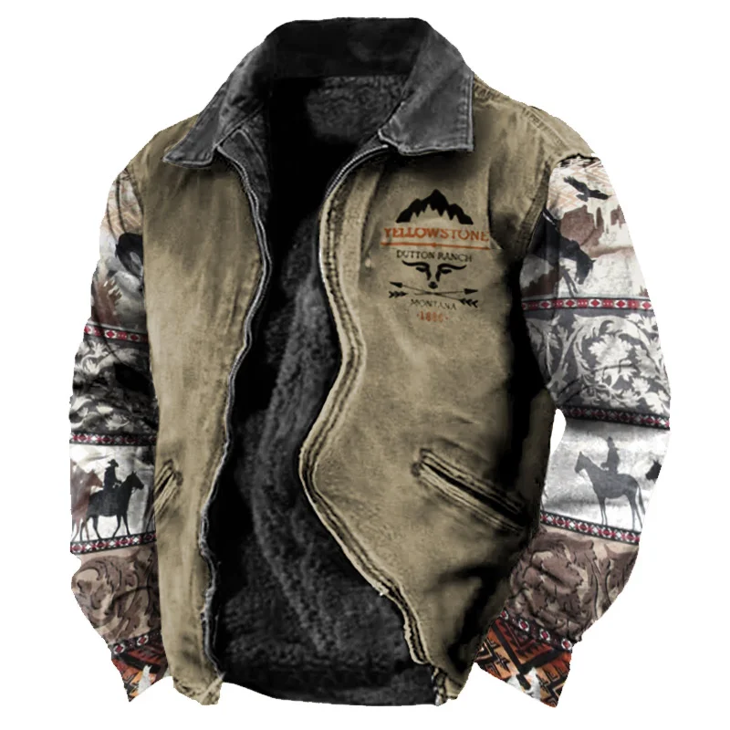 Men's Fleece Jacket Vintage Yellowstone Ethnic Print Full Zipper Outdoor Pocket