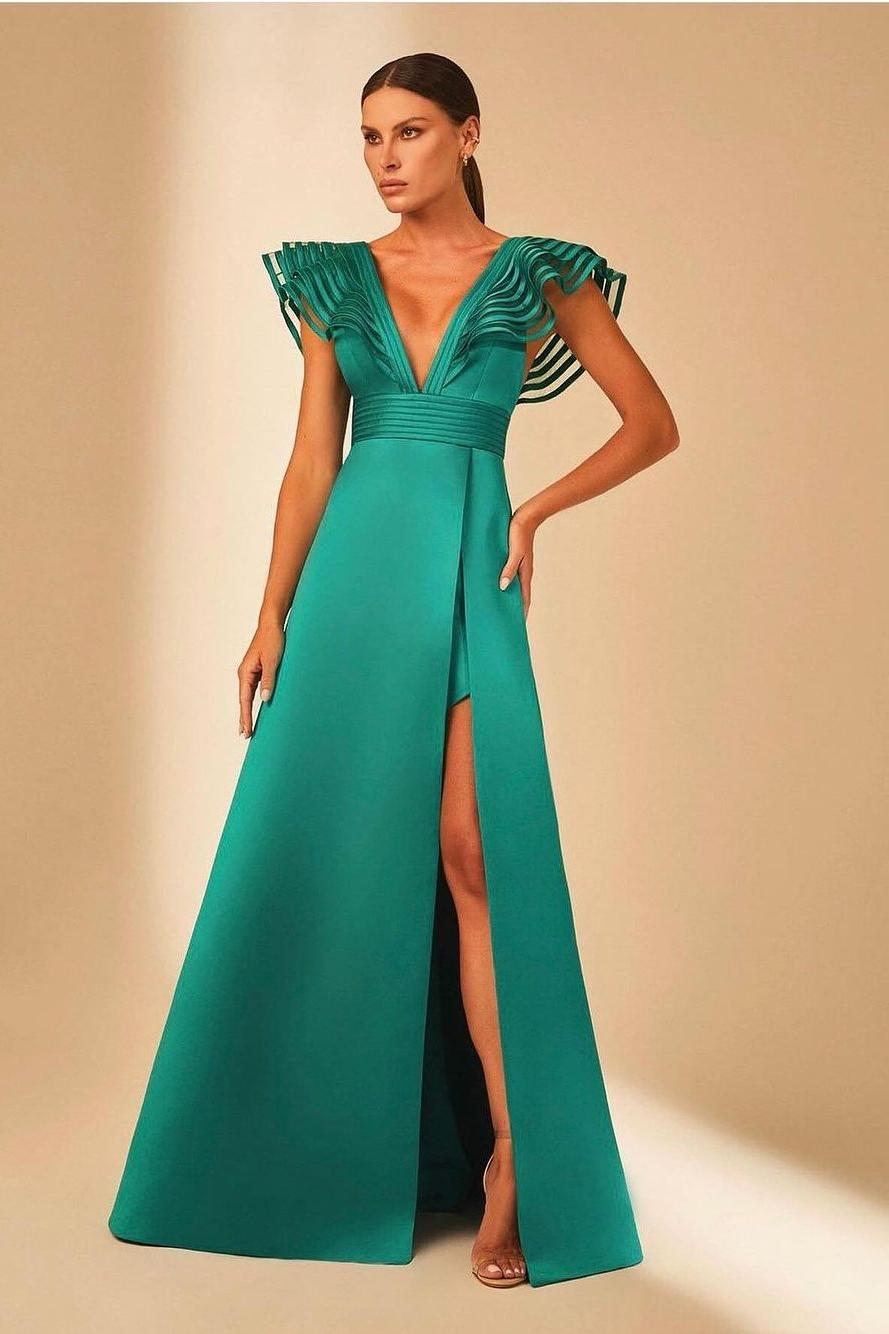 Oknass Deep V Neck Sleeveless A Line Long Prom Dress With Front Split