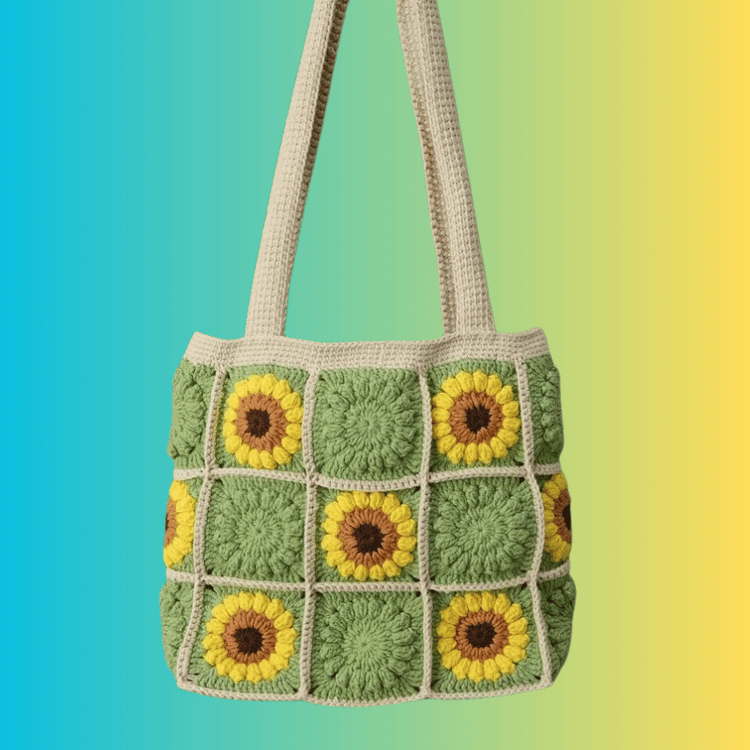 Lulusnow Handmade Green Classic Sunflower Crochet Granny Square Bag Crochet Shoulder Bag 