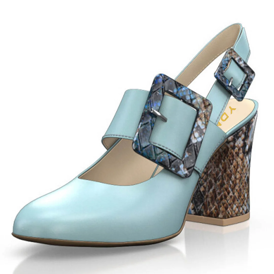 YDN Stylish Light Blue Snakeskin Round Toe Buckle Slingback Heels