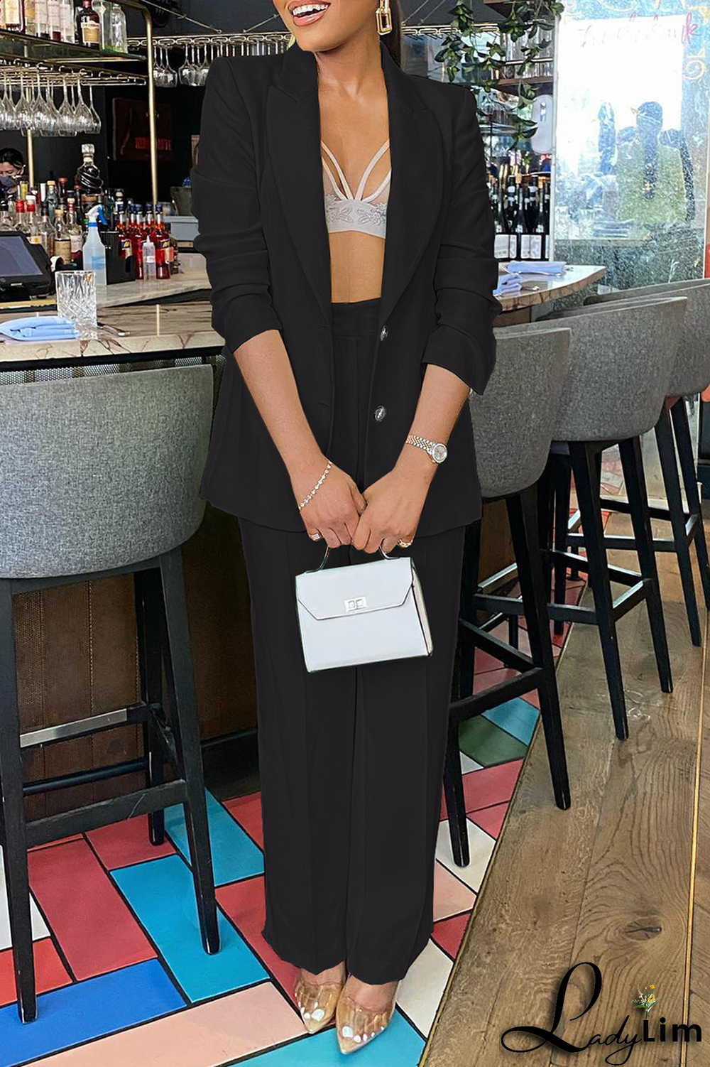 Black Fashion Solid Patchwork Turndown Collar Long Sleeve Two Pieces