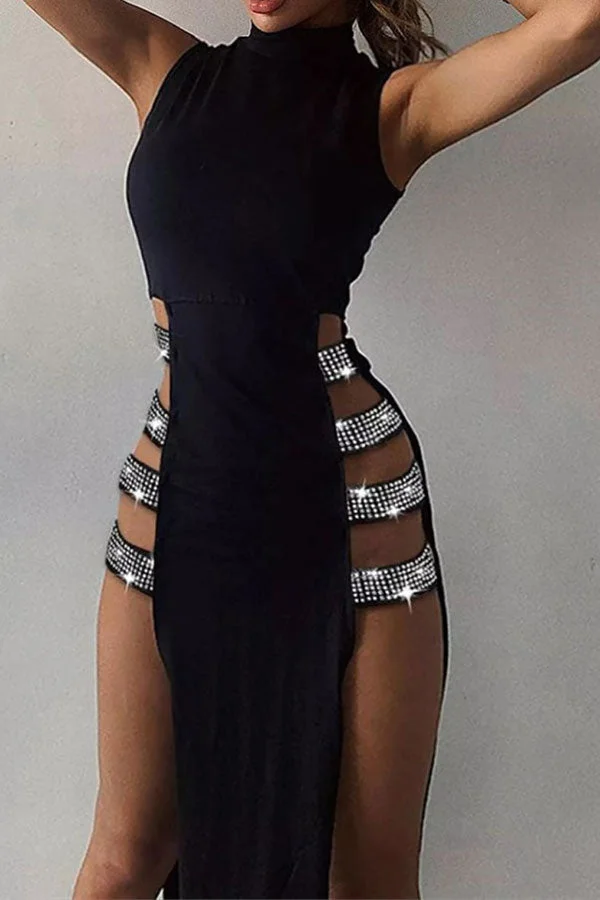 Rhinestone Trim Flirty Cutout Side Split Midi Dress