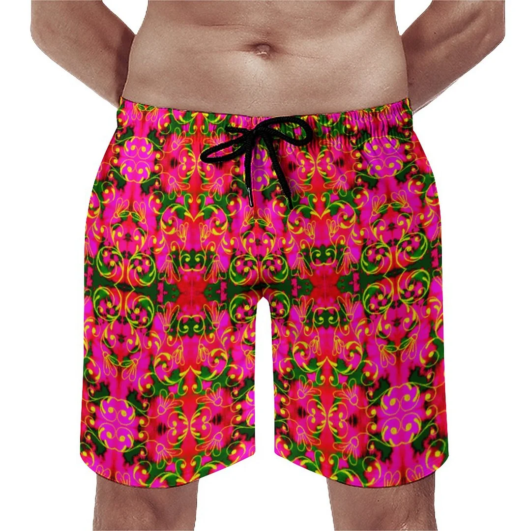 Abstract Red And Green Floral Gold Rose Men's Swim Trunks Summer Board Shorts Quick Dry Beach Short with Pockets