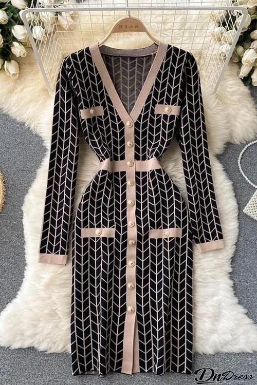 V Neck Long Sleeves Slit Button Dress