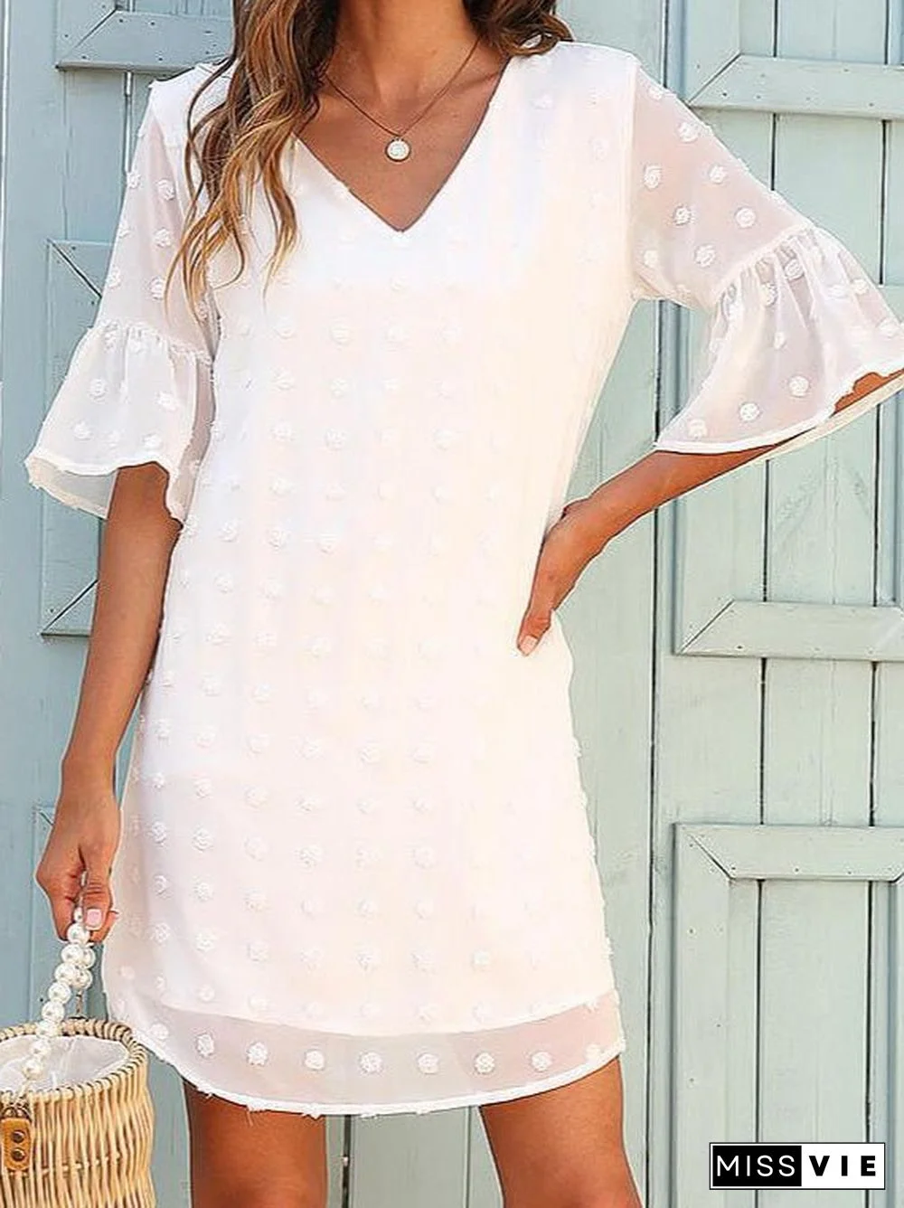 Women'S Dresses Solid Jacquard Dots Chiffon Short Sleeve Dress