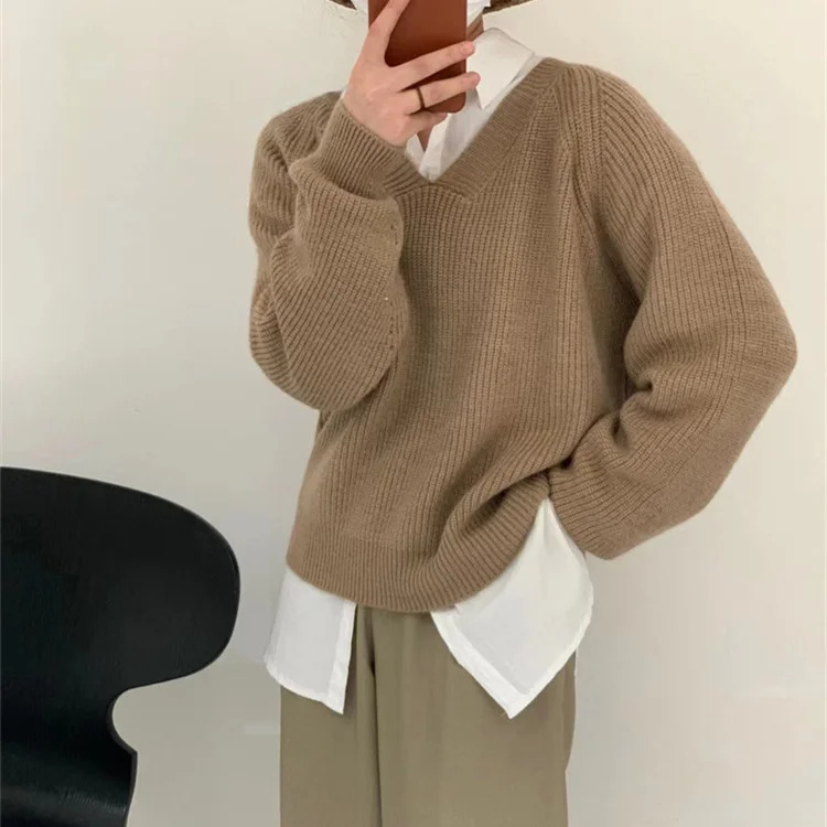 V-neck Soft Waxy Loose Gentle Knit Sweater