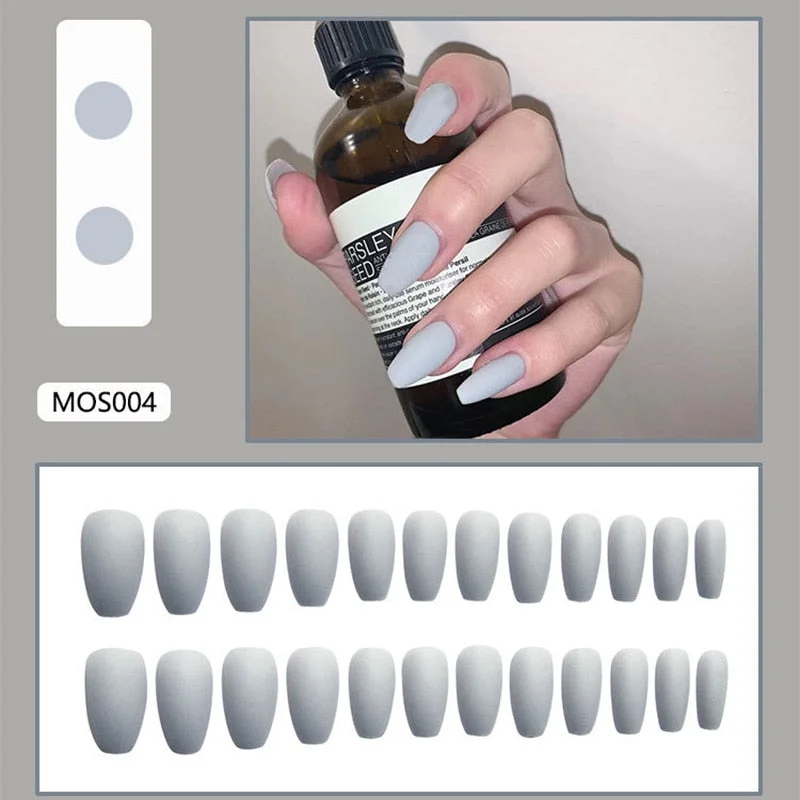 24Pcs Europe and the United State Beam ballerina fake press on nails Long Round Head Khaki matt fake nails with glue for girls-Nail Inspo