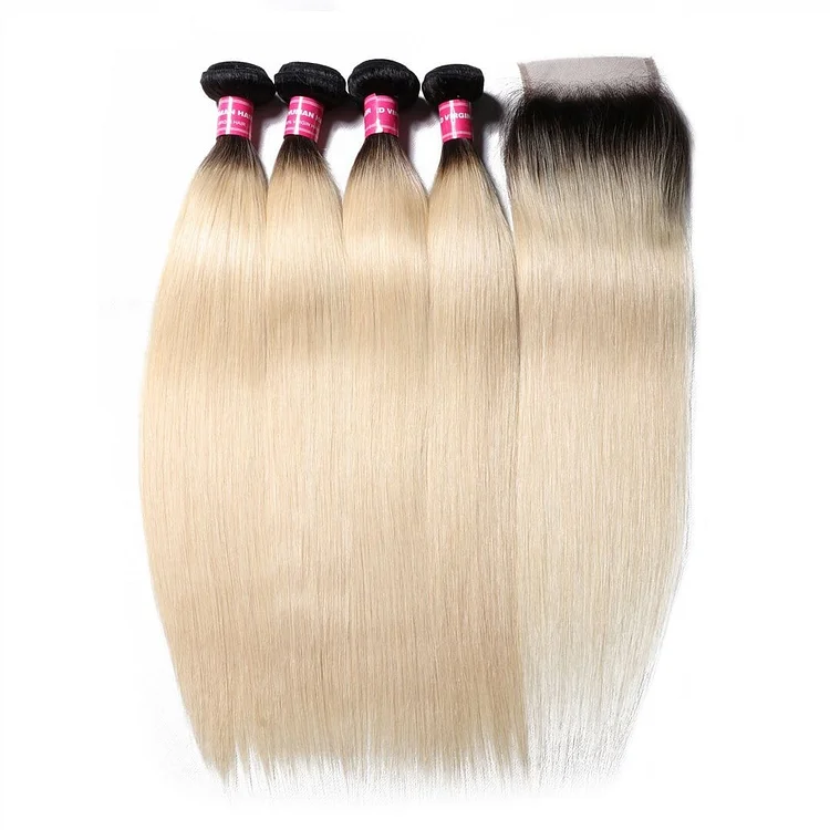 1B/613 Straight Ombre Hair 4 Bundles with 4*4 Closure, 2 Tone Color Human Hair Weave Extensions For Sale