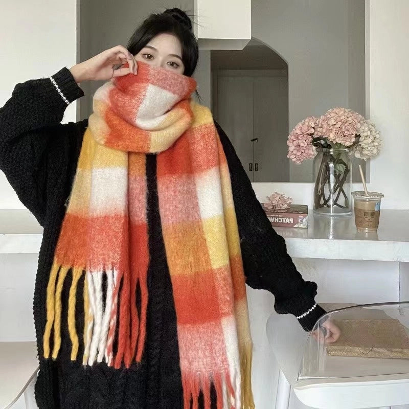 Rainbow Plaid Tassel Scarf For Women Autumn And Winter Famous Color Matching Cashmere Mohair Shawl Thickened Scarf