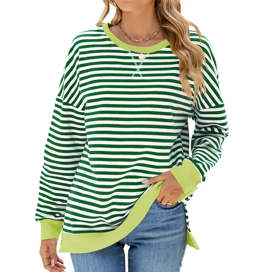 Churchf Churchf New 2024 Round Collar Stripe Splicing Split Loose Hoodie Top