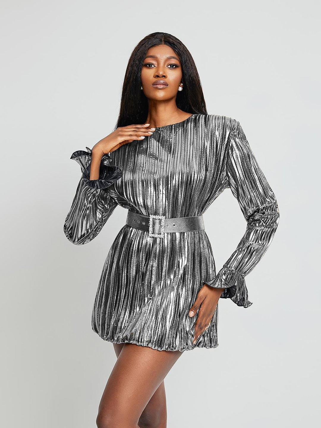 Cerelia Long Sleeve Buckled Mini Dress In Silver