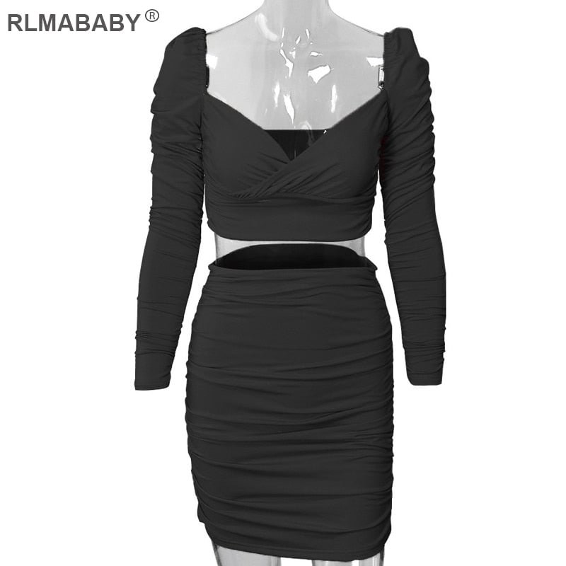 Autumn Winter 2 Piece Set Women Square Collar Long Sleeve Cropped Top And High Waist Skirts Outfits Set Clubwear Sexy Ladies Set