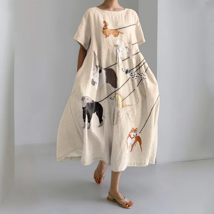 Embroidered Dog Art Print Loose Midi Dress