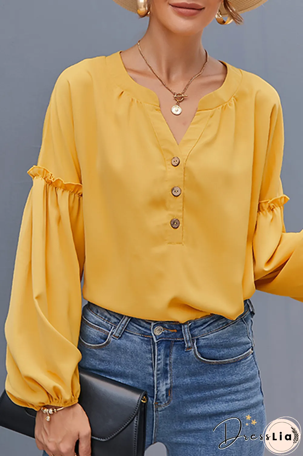 Casual Solid Buckle Stringy Selvedge V Neck Tops