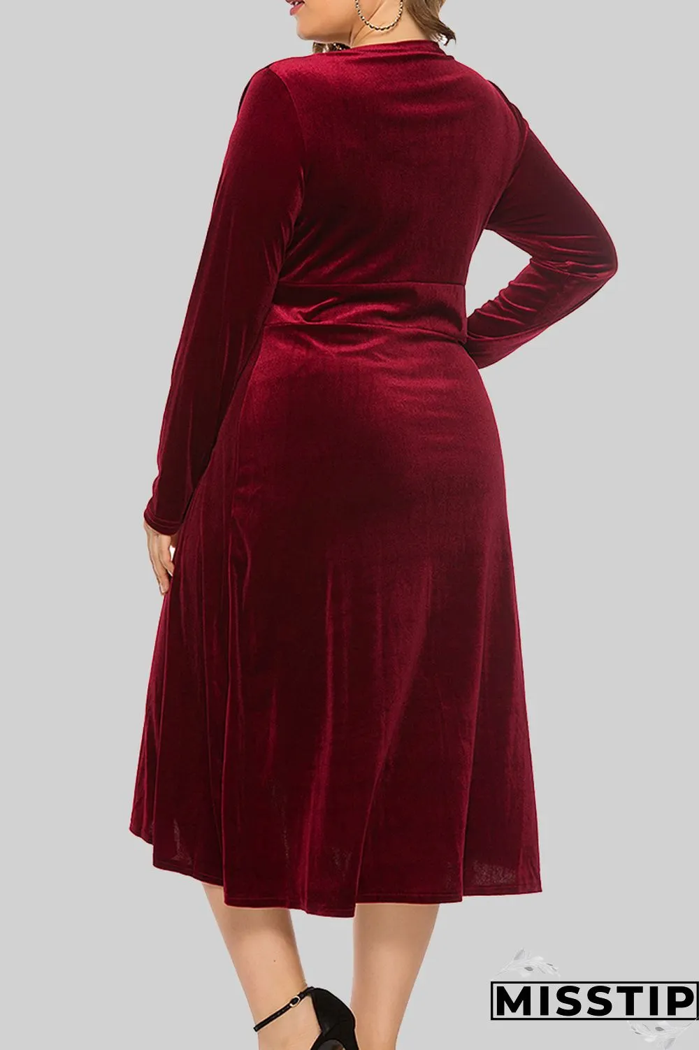 Burgundy Casual Solid Patchwork V Neck Long Sleeve Plus Size Dresses