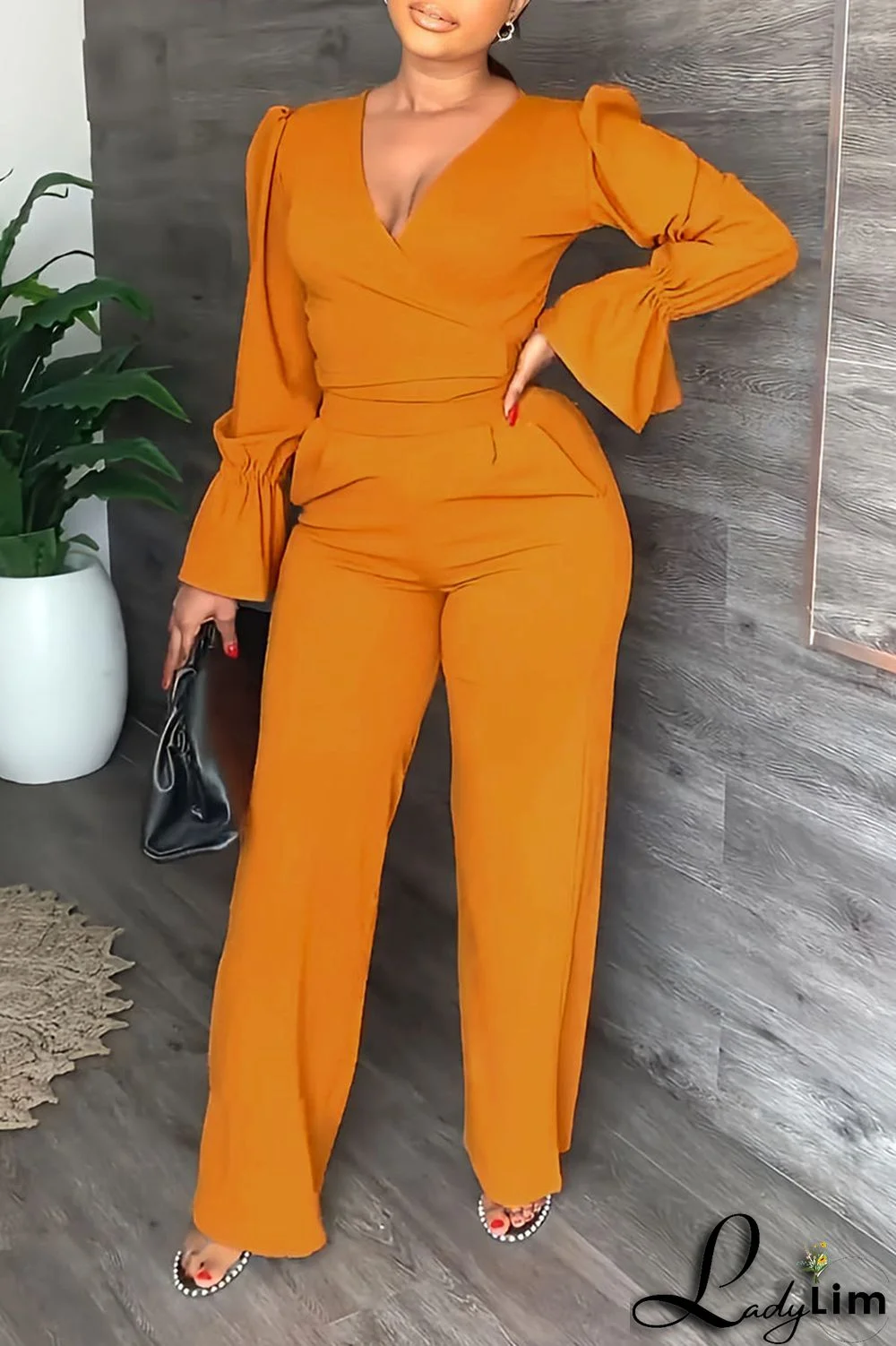 Tangerine Casual Solid Patchwork V Neck Long Sleeve Two Pieces