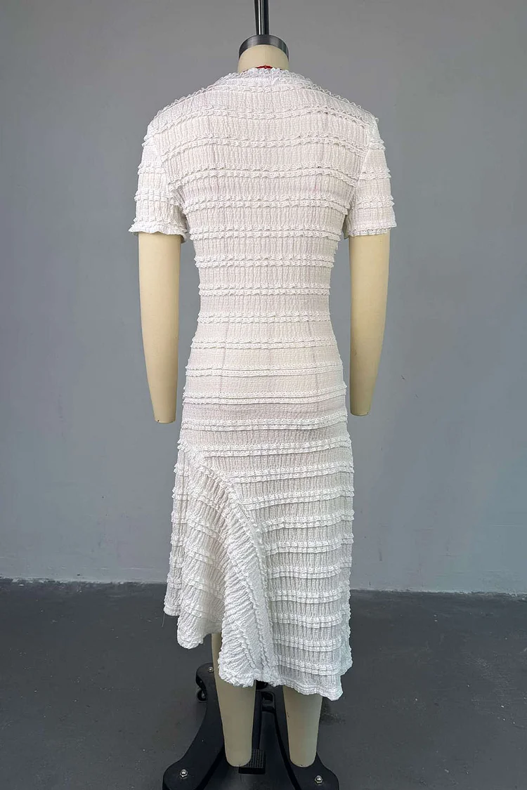 Crew Neck Short Sleeve Cinch Waist Wrinkle Overlap Daily Maxi Dresses-White
