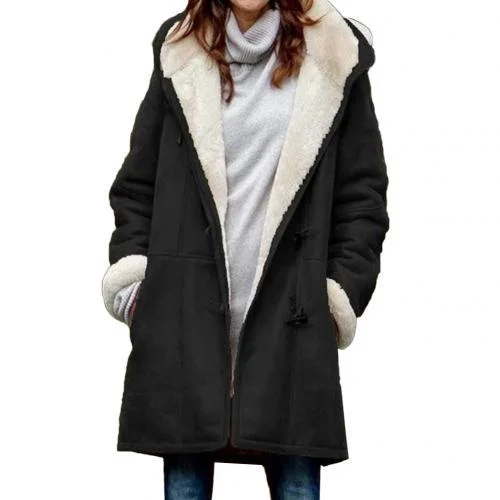 Casual Women Winter Solid Color Horn Buckles Fleece Lining Long Warm Hooded Coat Solid color simple design perfect gifts