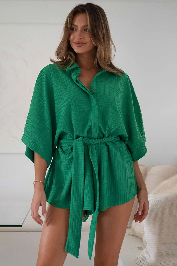 Button Down Oversized Sleeve Tied Waist Rompers