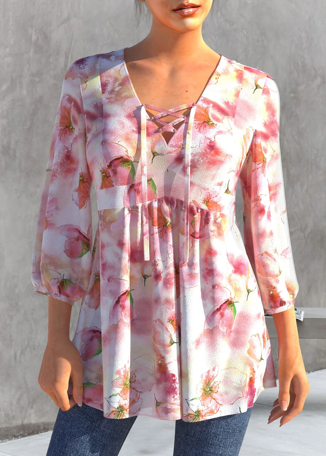 Floral Print Light Pink Lace Up Blouse