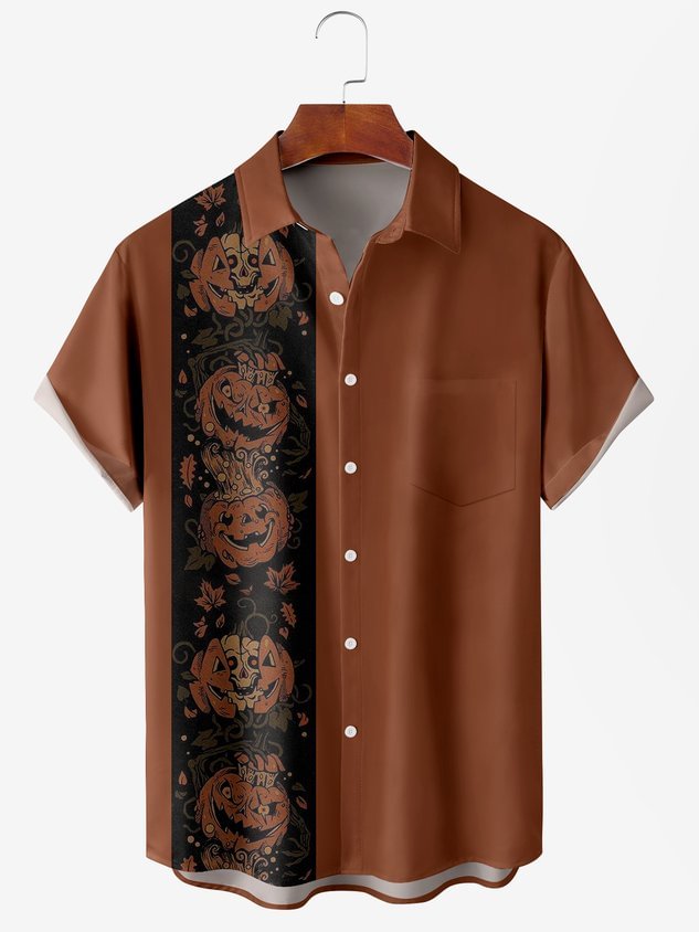 Men's Halloween Pumpkin Print Moisture Wicking Fabric Fashion Lapel Short Sleeve Shirts
