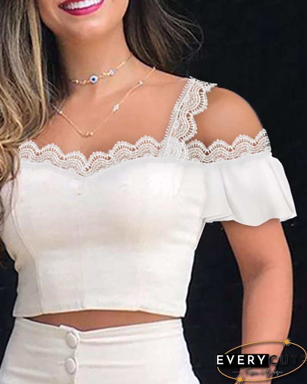 Cold Shoulder Lace Trim Top & Buttoned Shorts Set P10881