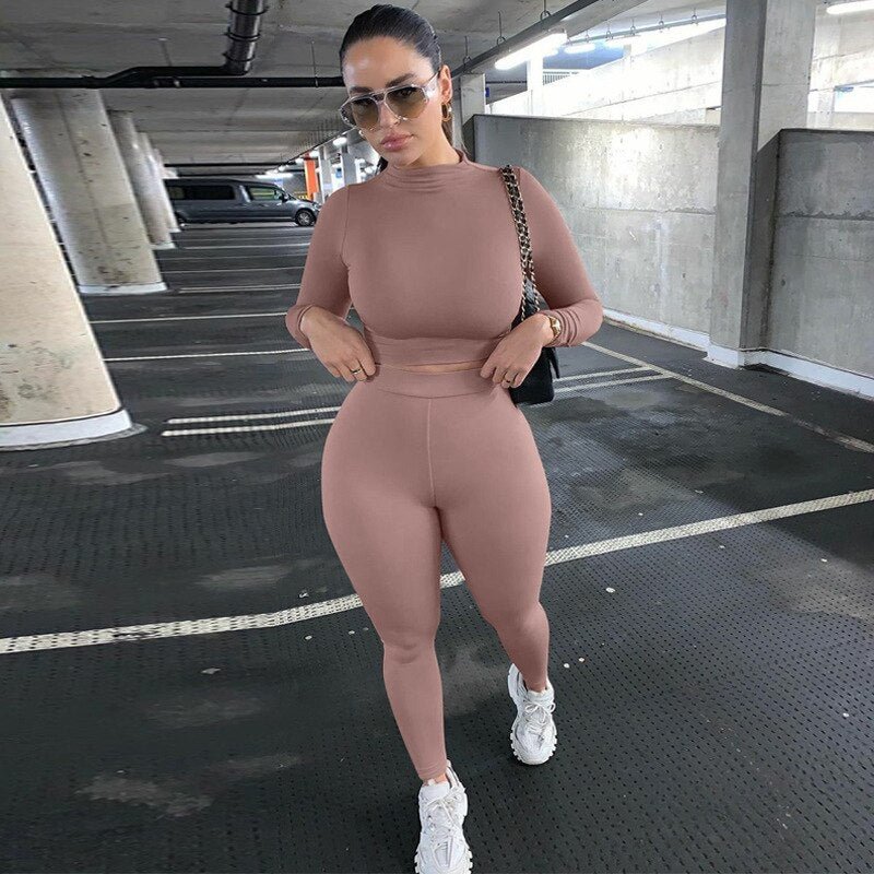 HAWTHAW women spring autumn long sleeve soild colorcrop tops long pant tracksuit two piece clothes suit outfits matching sets