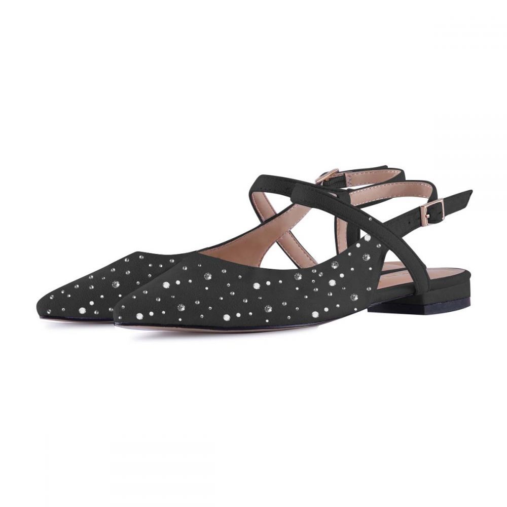 Black Suede Slingback Shoes Pointy Toe Comfortable Flats With Crystal