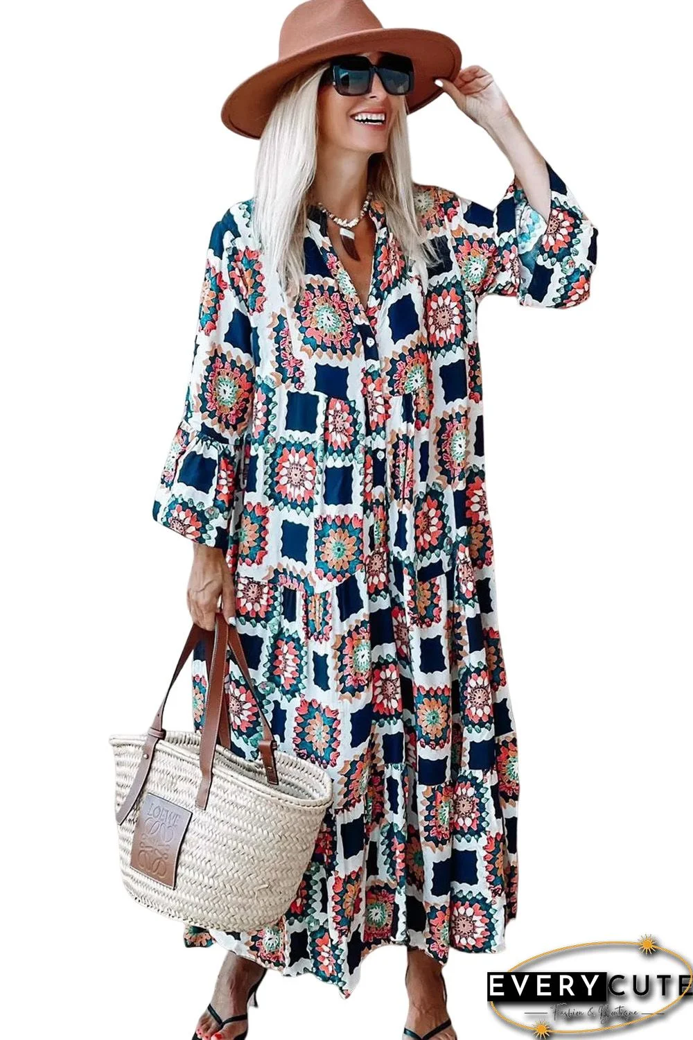 Sky Blue Western Print V Neck Flared Sleeve Maxi Dress