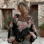 Women's Vintage Pink Rose Embroidery Art Round Neck Long Sleeve Linen Blend T-shirt - Image 4