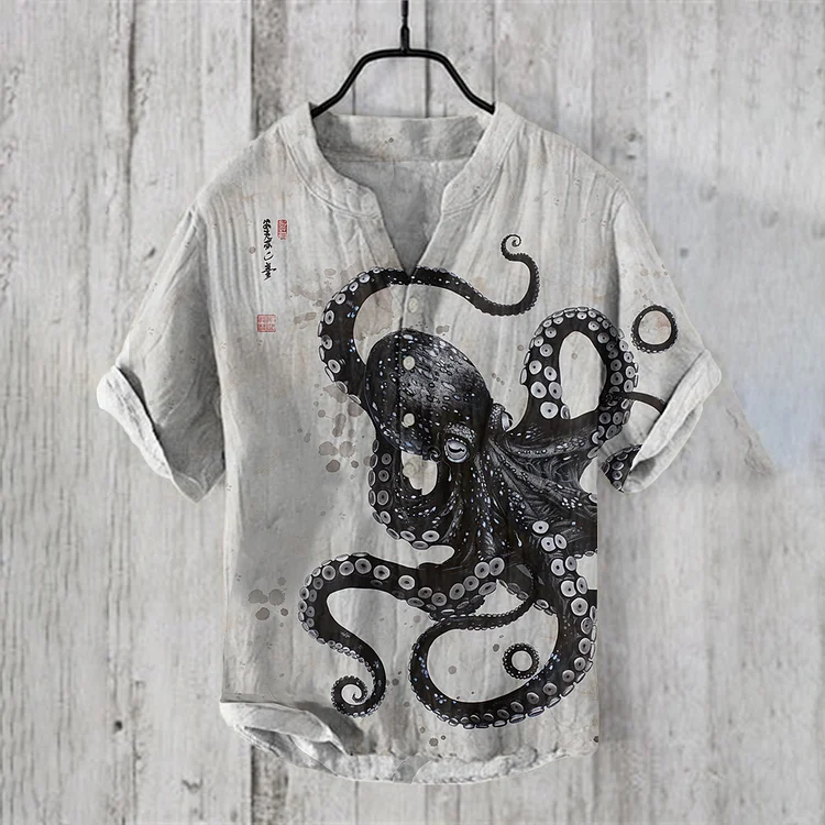 Vintage Japanese Art Octopus Graphic Painting Art Linen Shirt