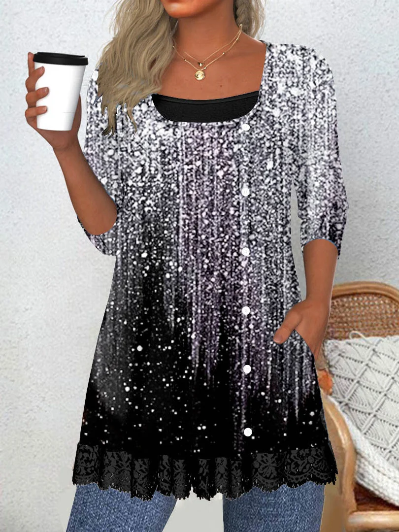 Women Long Sleeve Scoop Neck Polka Dot Printed Graphic Lace Button Pockets Tops