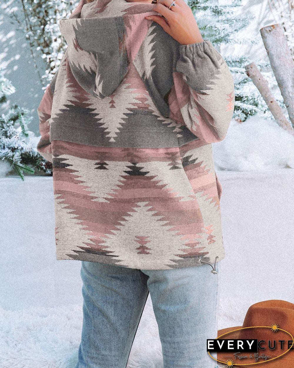 Pink Aztec Print Half Zipper Hoodie with Kangaroo Pocket