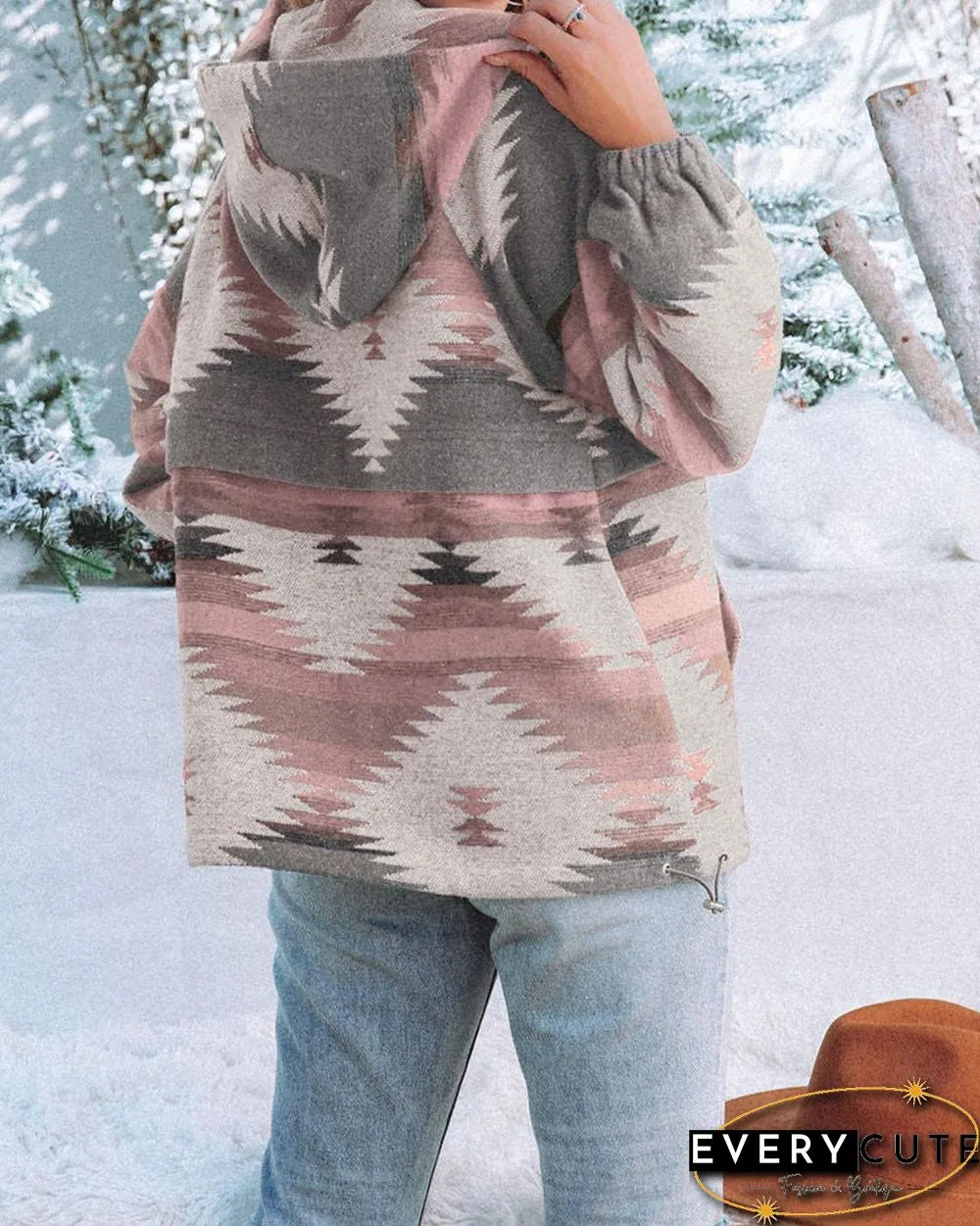 Pink Aztec Print Half Zipper Hoodie with Kangaroo Pocket