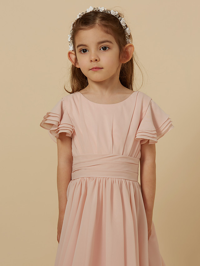 Daisda Short Sleeve Scoop A-Line Tea Length Flower Girl Dress With Sash 