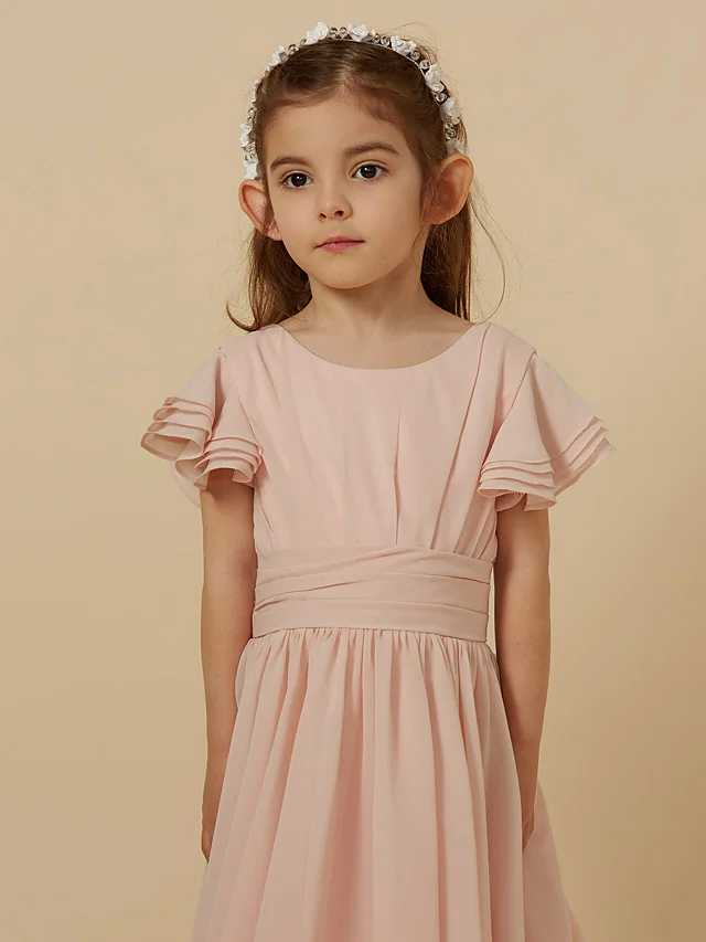 Daisda Short Sleeve Scoop A-Line Tea Length Flower Girl Dress With Sash 