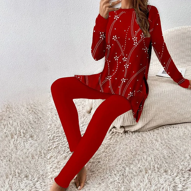 Red Print Long Sleeve Two Piece Set