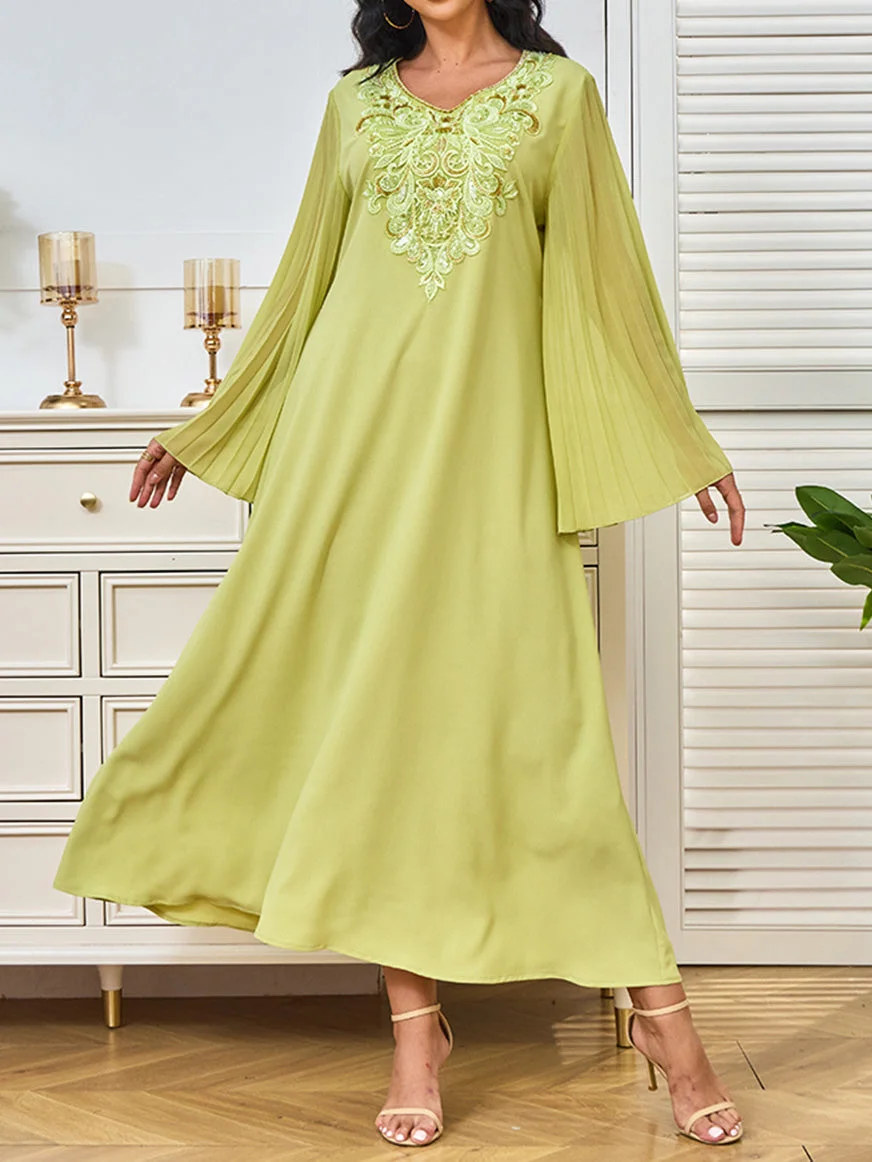 Women's Long Sleeve V-neck Sequins Lace Embroidery Graphic Maxi Dress