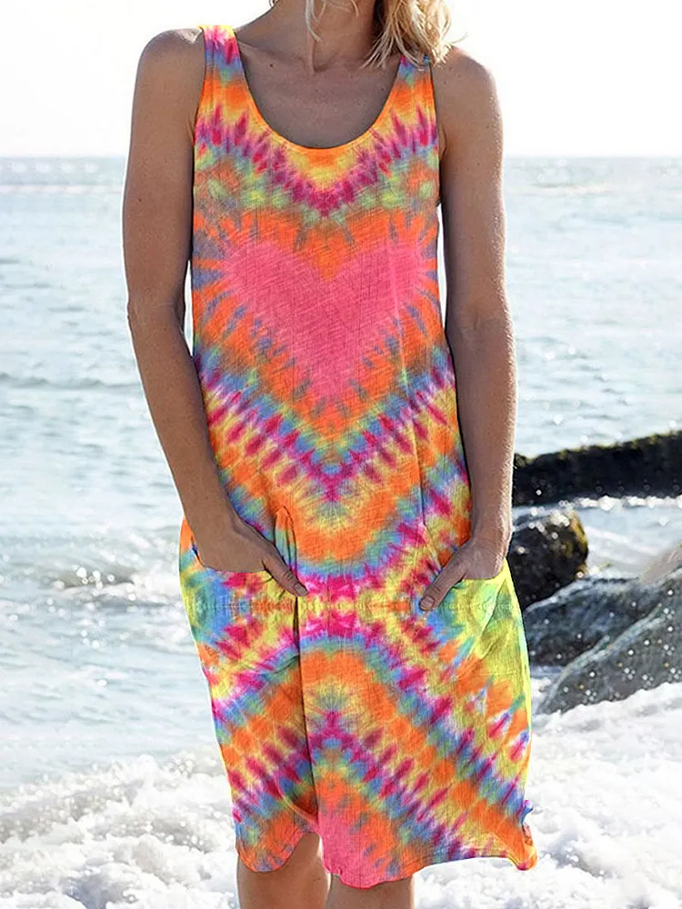 Women'S Beach Holiday Style Heart Tie-Dye Pattern Print Casual Stylish Dress