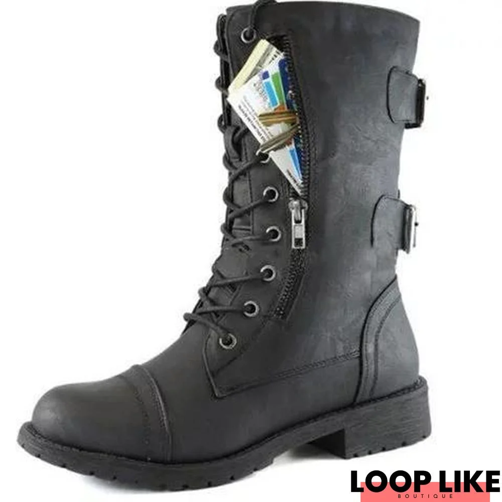 Women Combat Lace Up Mid Calf Hide Credit Card Knife Money Wallet Pocket Boots