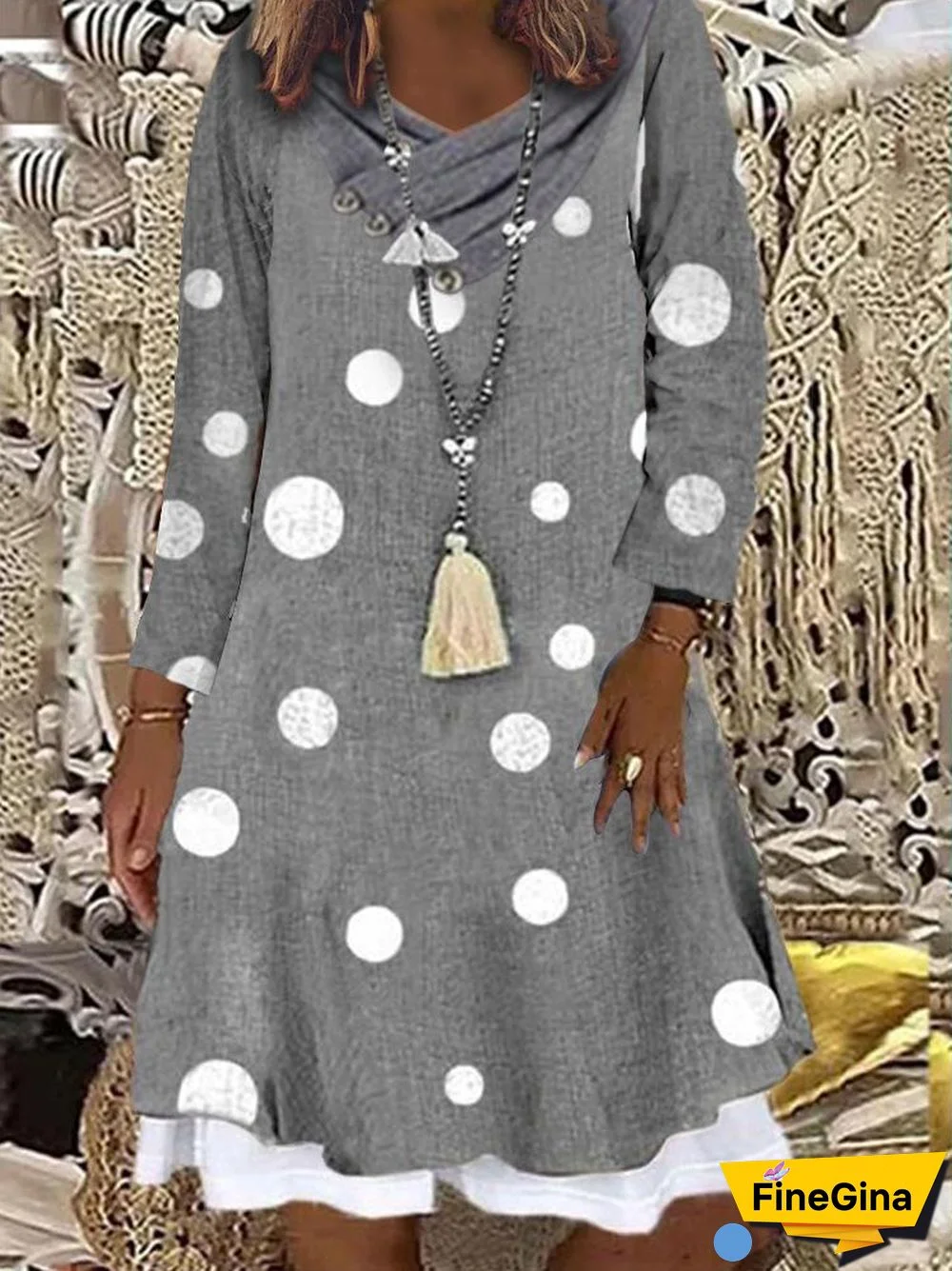Women Long Sleeve Scoop Neck Polka Dot Button Dress