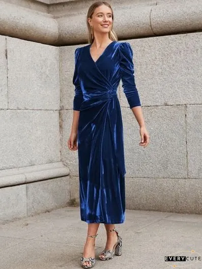 Surplice Puff Sleeve Midi Dress