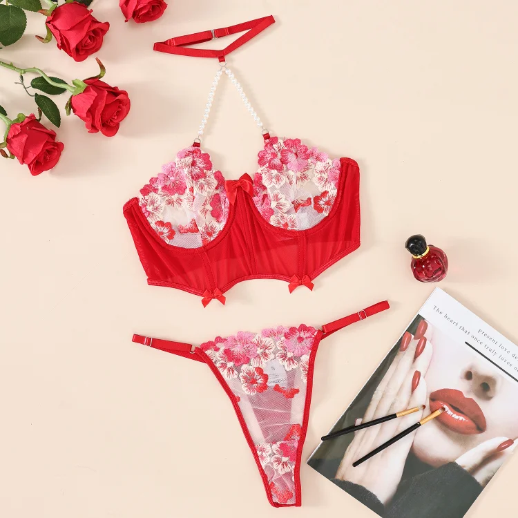 Flower Embroidery Halter Underwear Suit