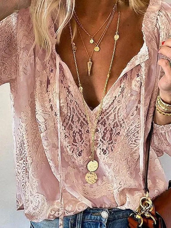 Brownm Casual Solid Color Loose Pullover Elegant Regular Sleeve Graceful Commuter Lace Shirt